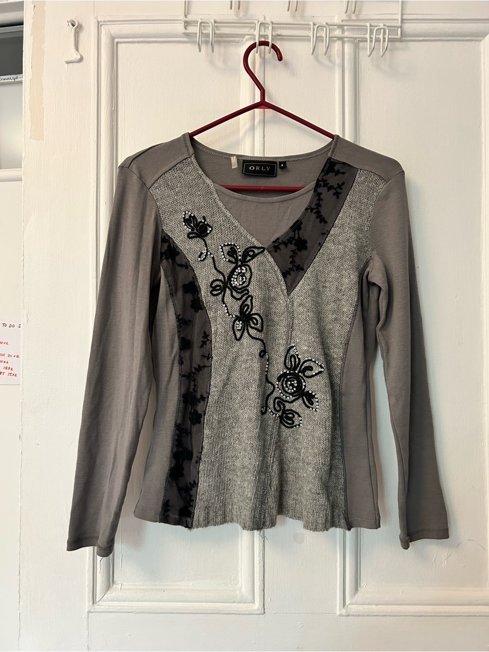 Women's Grey Long-Sleeve Embellished Top